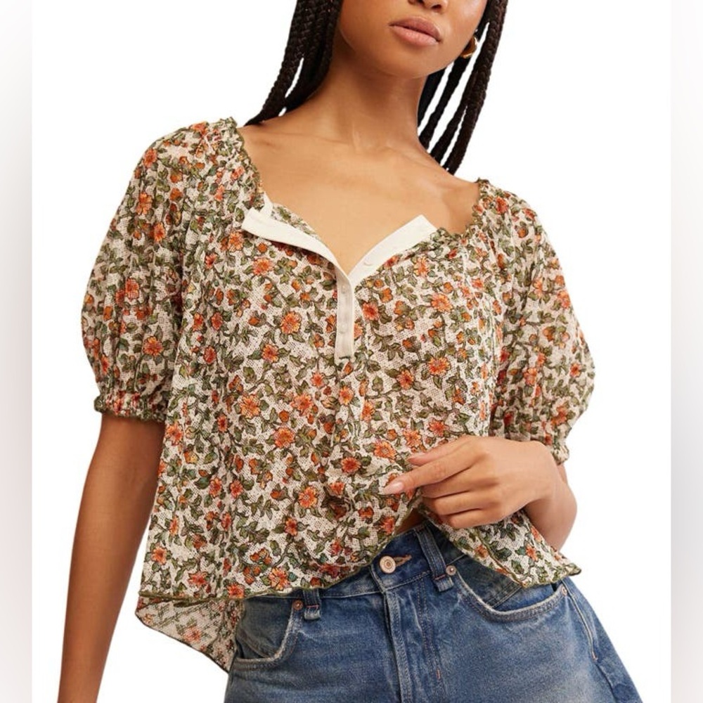Free People Astra green floral peasant top